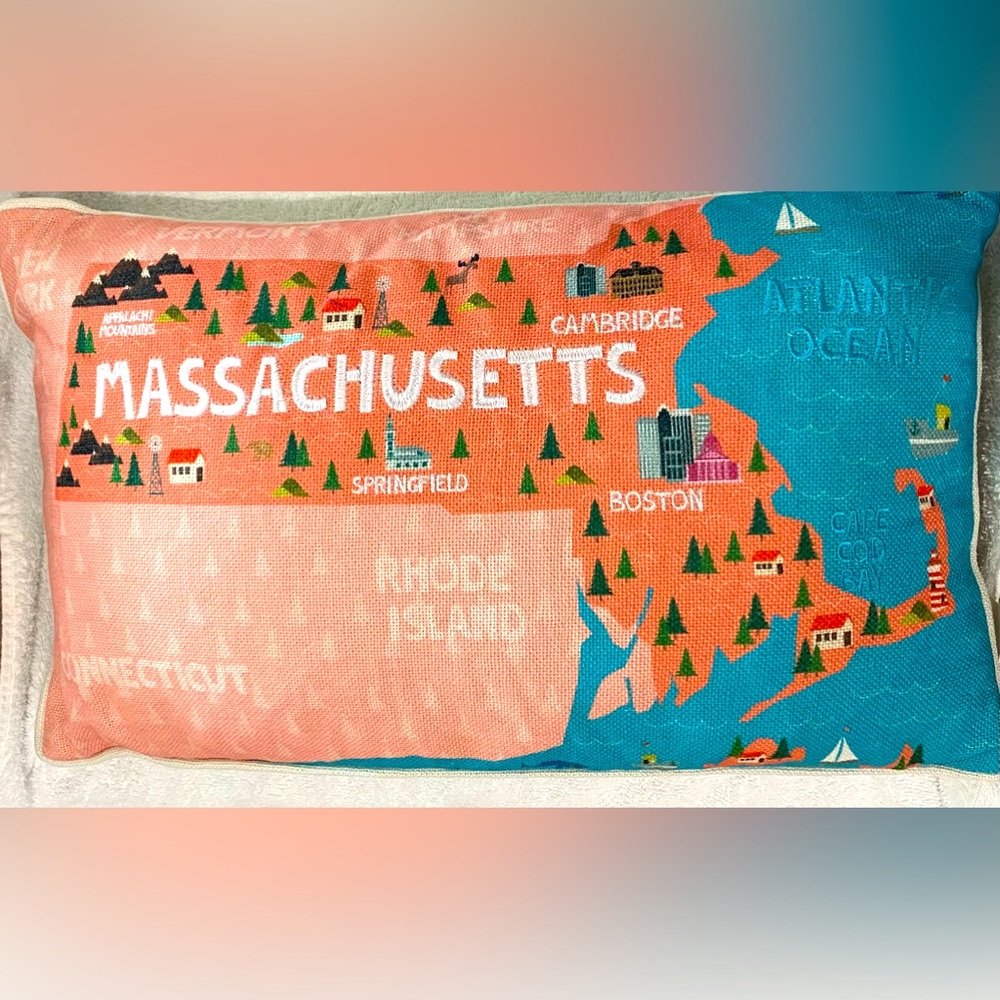 New Massachusetts Cities Peach Orange Decorative Burlap Throw Pillow 20x12”